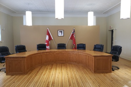 Council table in Council Chambers