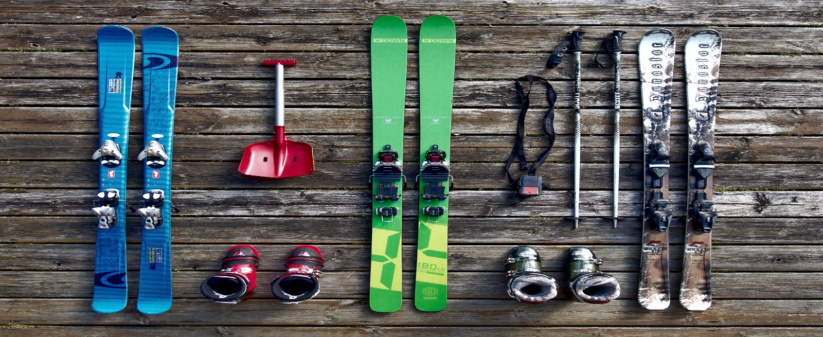 ski equipment laying on a table