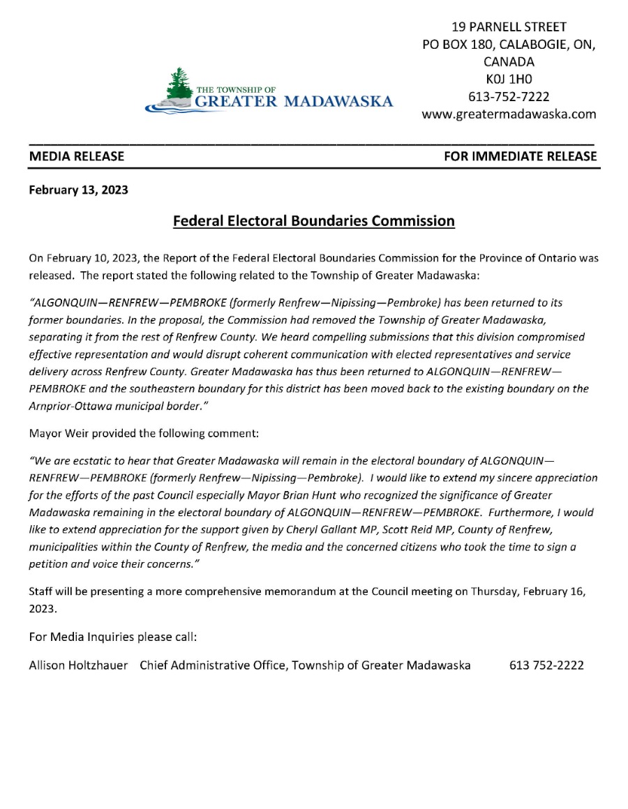 Media release federal electoral Boundaries