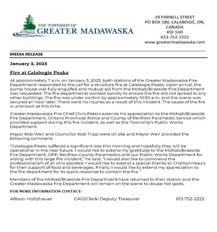 media release fire at calabogie peaks jan 3 2023