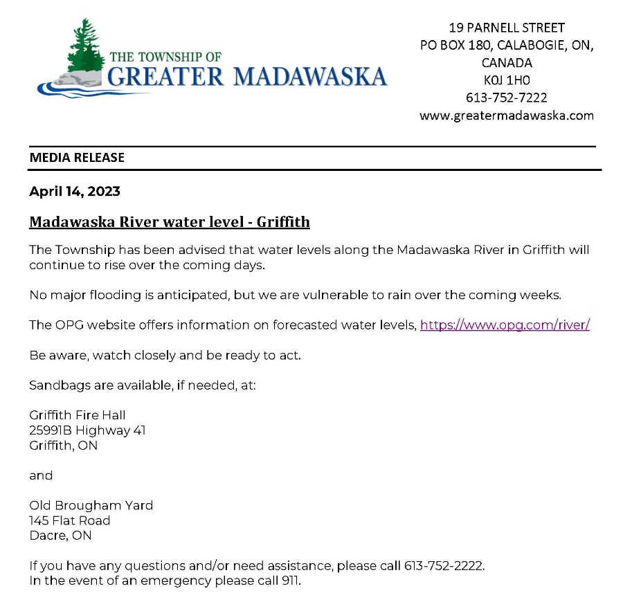media release madawaska river water levels in griffith