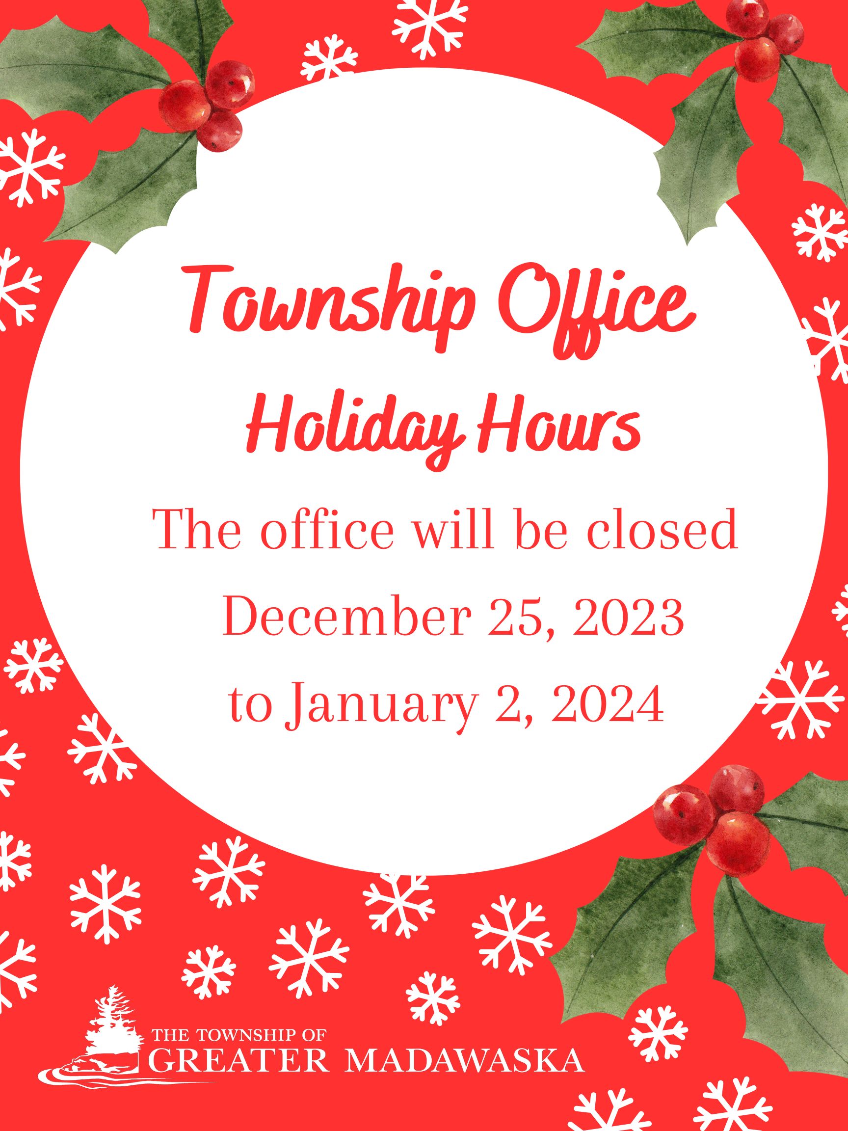 township office closed dec 25, 2023 to Jan 2, 2024