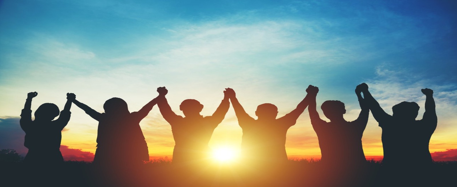 Group holding hands in the air