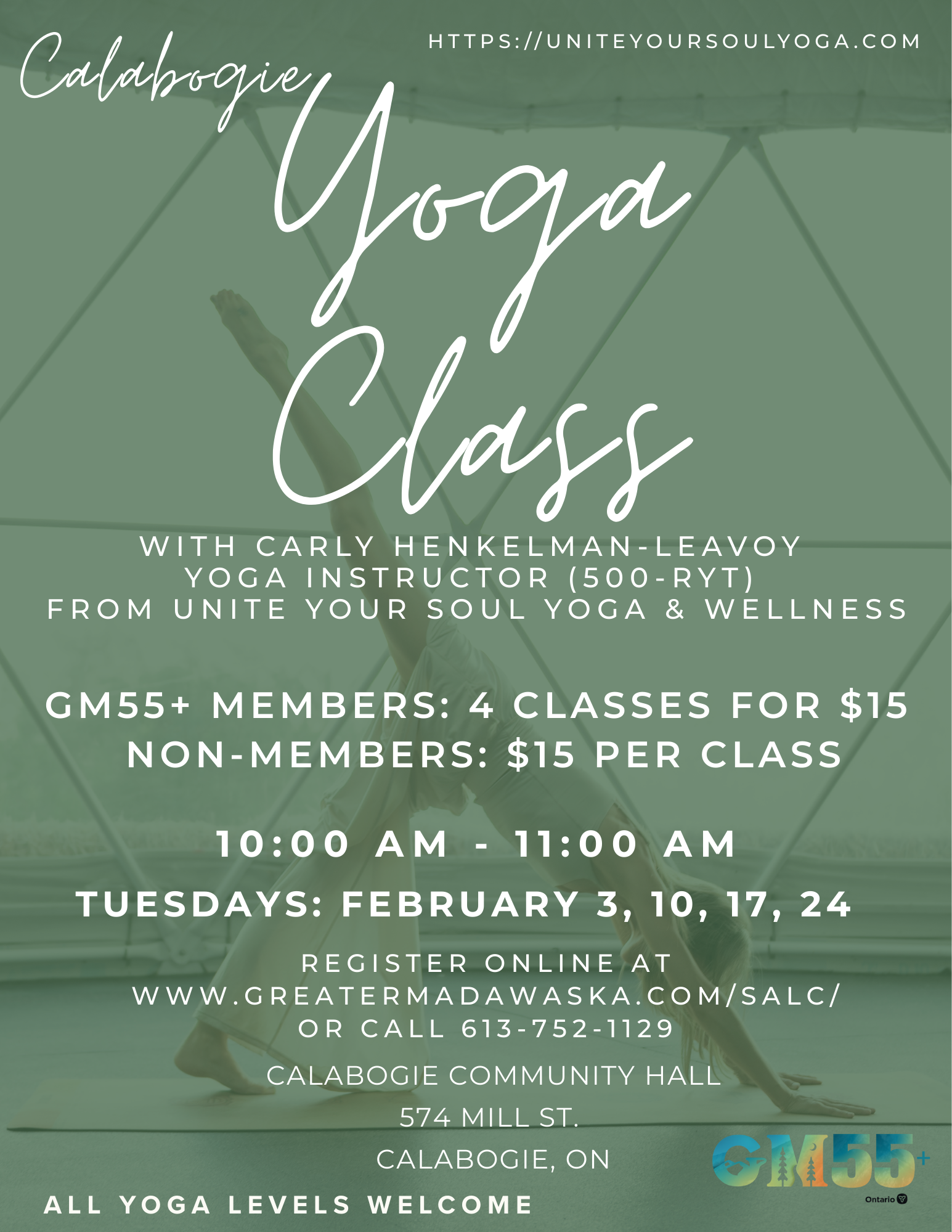 Calabogie yoga class poster, text is in content of webpage